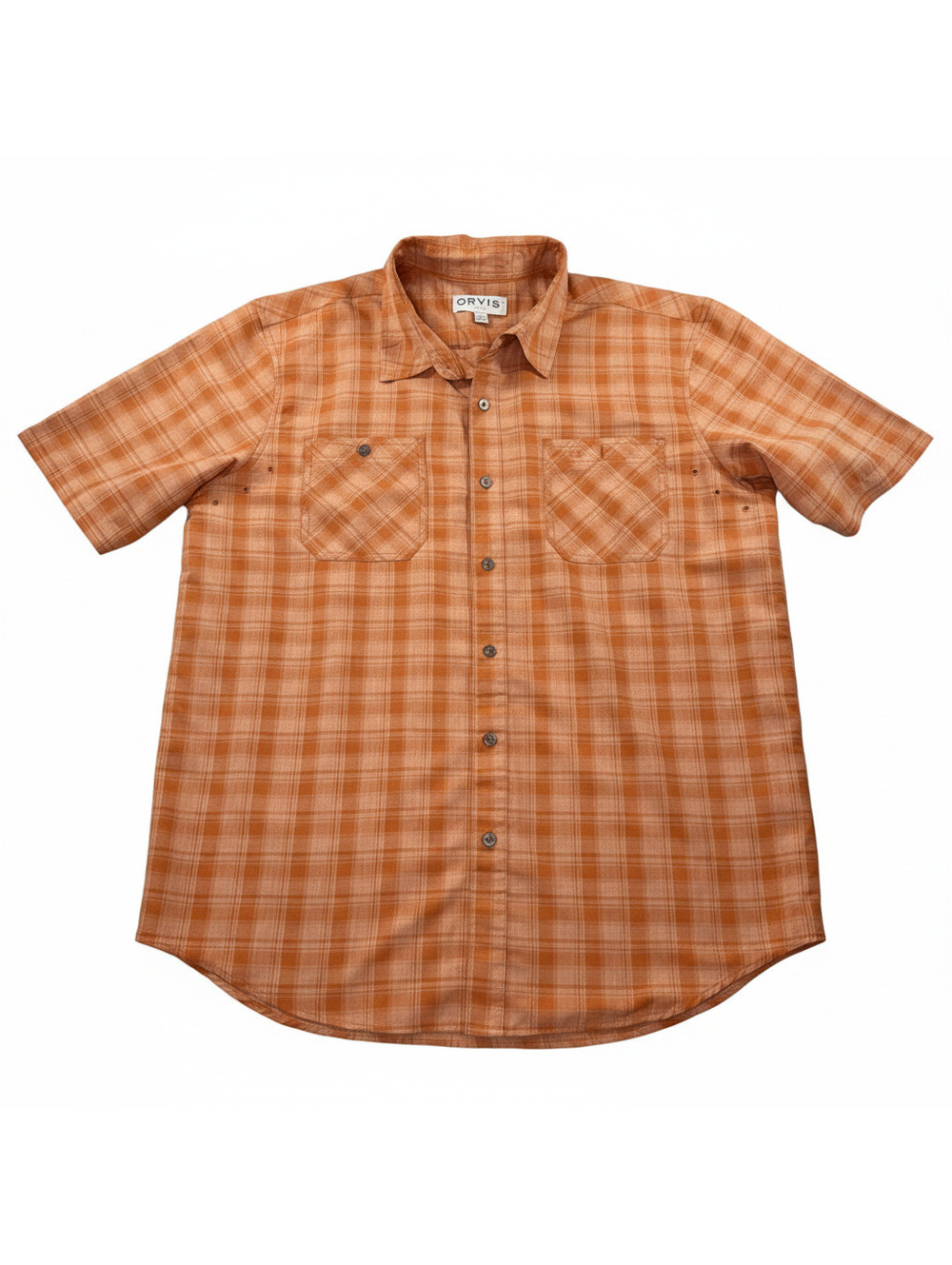 Orvis Button Down Shirt Mens Large Orange Plaid Short Sleeve Ventilated Hiking